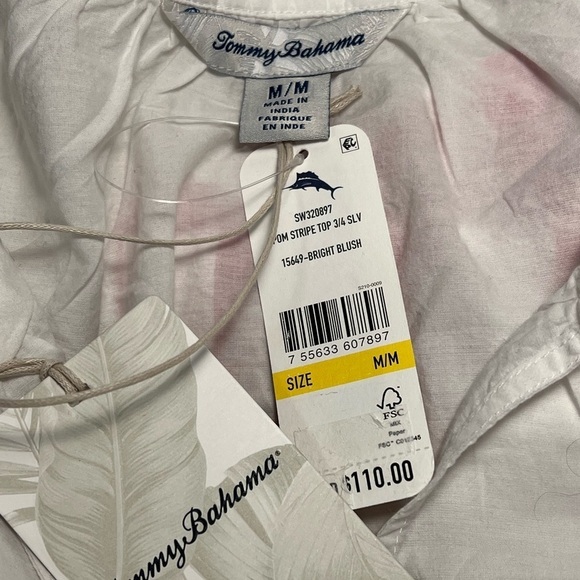 Tommy Bahama | Pom Pink Stripe 3/4 White Sleeve Top Sz M - Picture 8 of 9